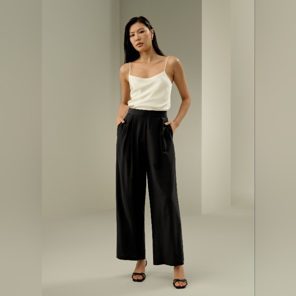 NWT LILYSILK Black Mulberry Silk Wide Leg Pants 12